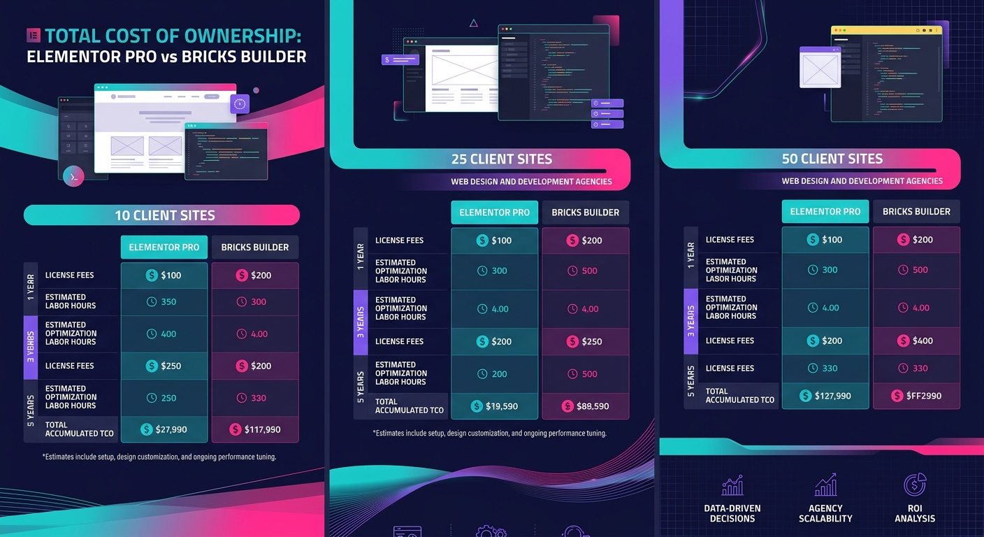 Side-by-side cost comparison chart showing Elementor Pro vs Bricks Builder total cost of ownership over 1, 3, and 5 years, including license fees and estimated optimization labor hours, for agencies m