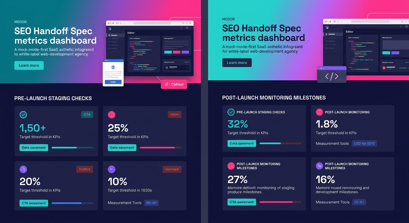 An infographic showing the SEO Handoff Spec metrics dashboard with 8 tracked KPIs organized by pre-launch staging checks and post-launch monitoring milestones, including target thresholds and measurem