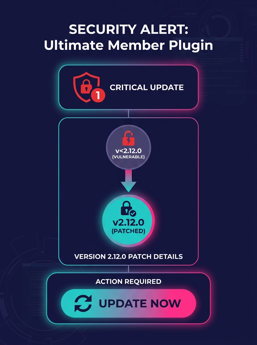 WordPress dashboard showing Ultimate Member plugin security update notification with version 2.12.0 patch details