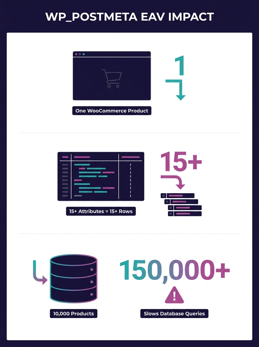Infographic showing the wp_postmeta EAV table structure, illustrating how a single WooCommerce product with 15 attributes fans out into 15 or more individual rows, and how 10,000 products create 150,0