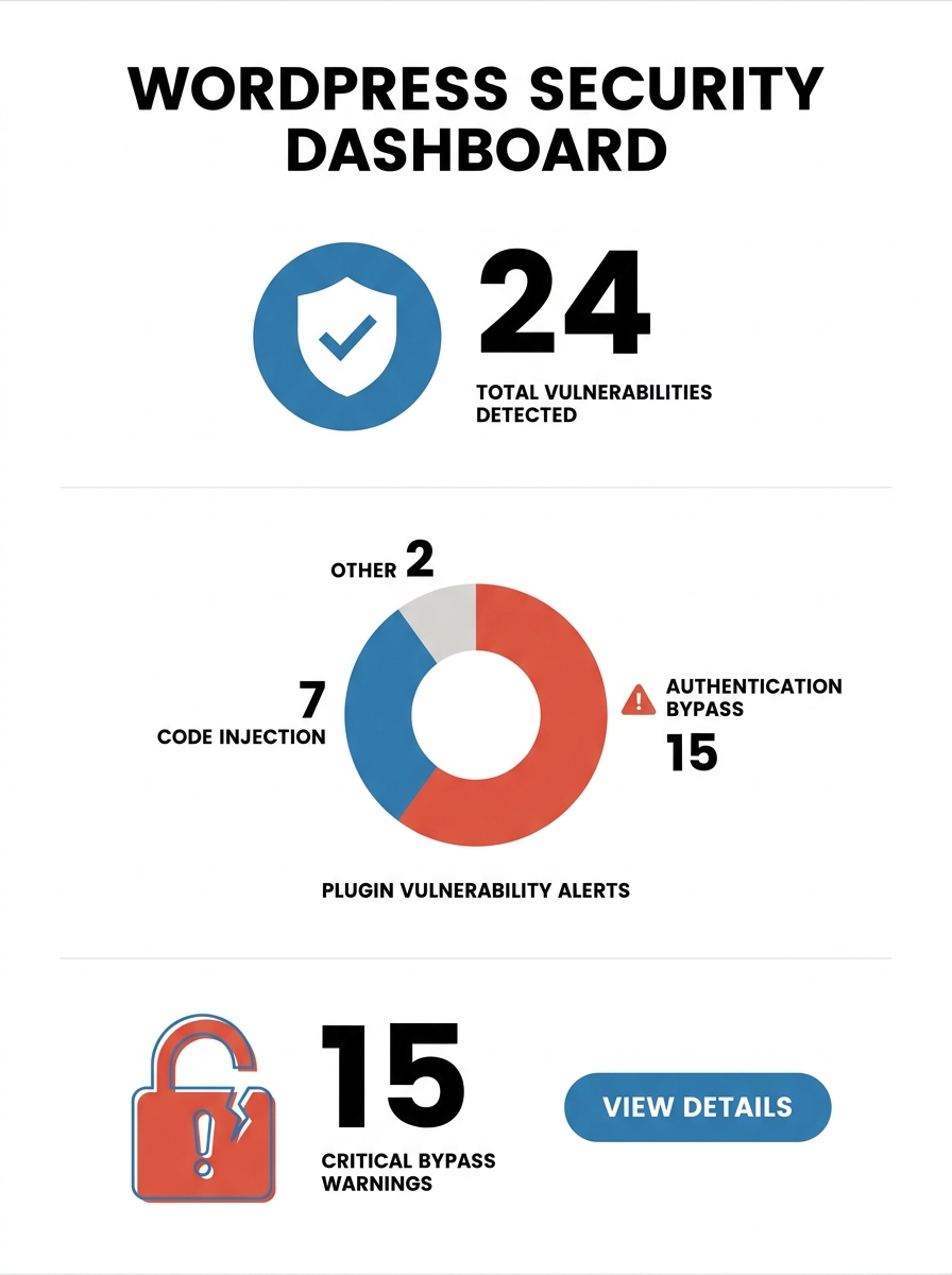 WordPress security dashboard showing plugin vulnerability alerts with authentication bypass warnings highlighted