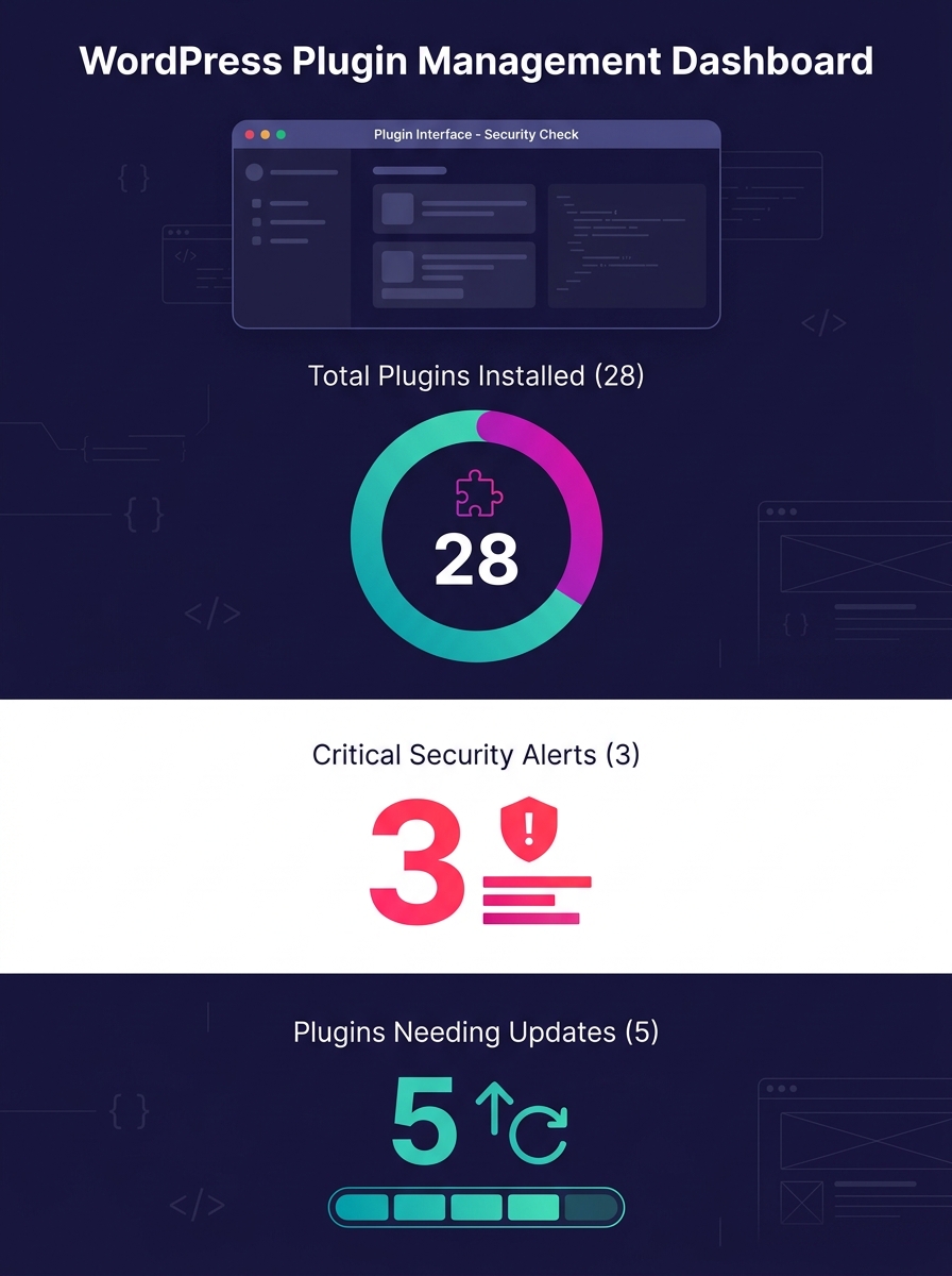 WordPress admin dashboard showing plugin management interface with security warning indicators