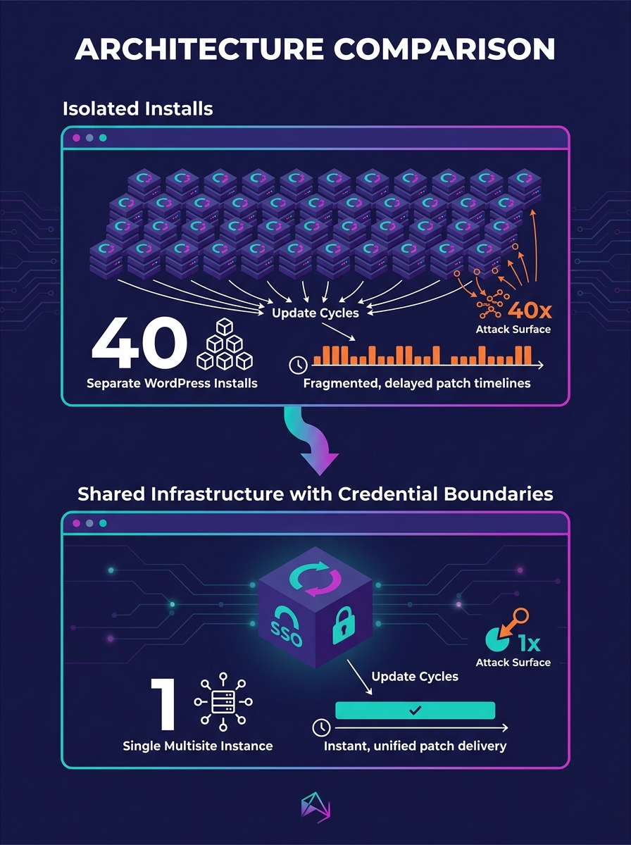 infographic comparing two architectures side by side — left panel shows 40 separate WordPress installs each with their own SSO plugin, OAuth credentials, and update cycle labeled "Isolated Installs";