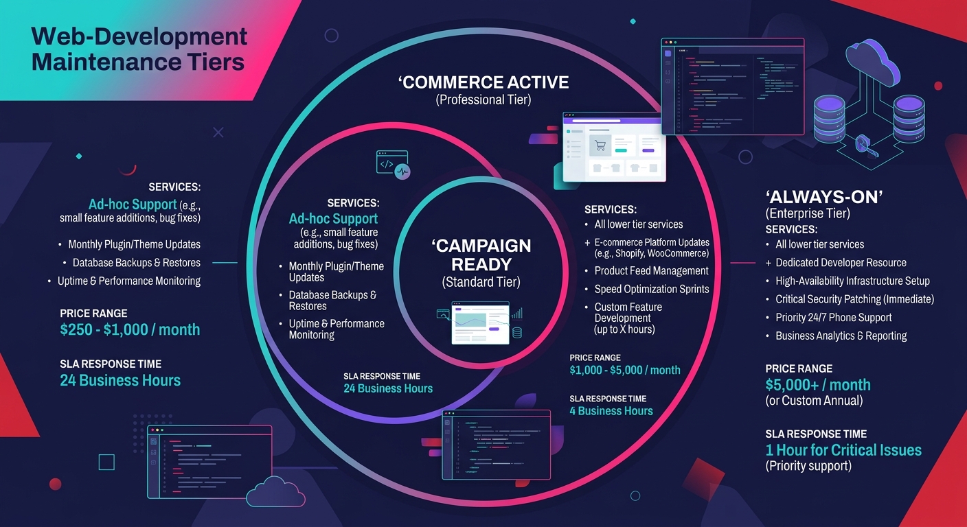 infographic showing three concentric circles representing the three maintenance tiers (Campaign Ready, Commerce Active, Always-On), with each tier listing included services, pricing ranges, and SLA re