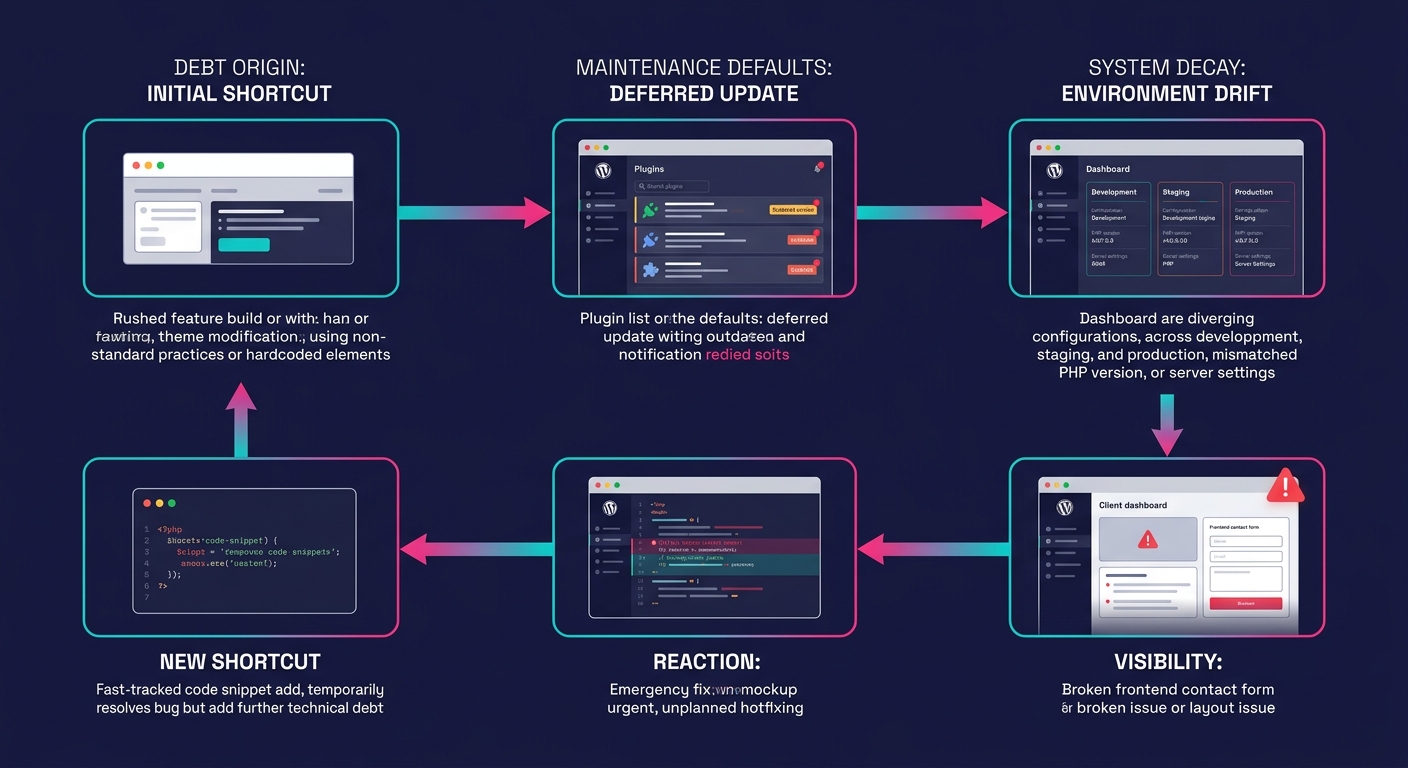 flowchart showing the governance failure cycle in white-label WordPress—from initial shortcut to deferred update to environment drift to client-facing bug to emergency fix to new shortcut