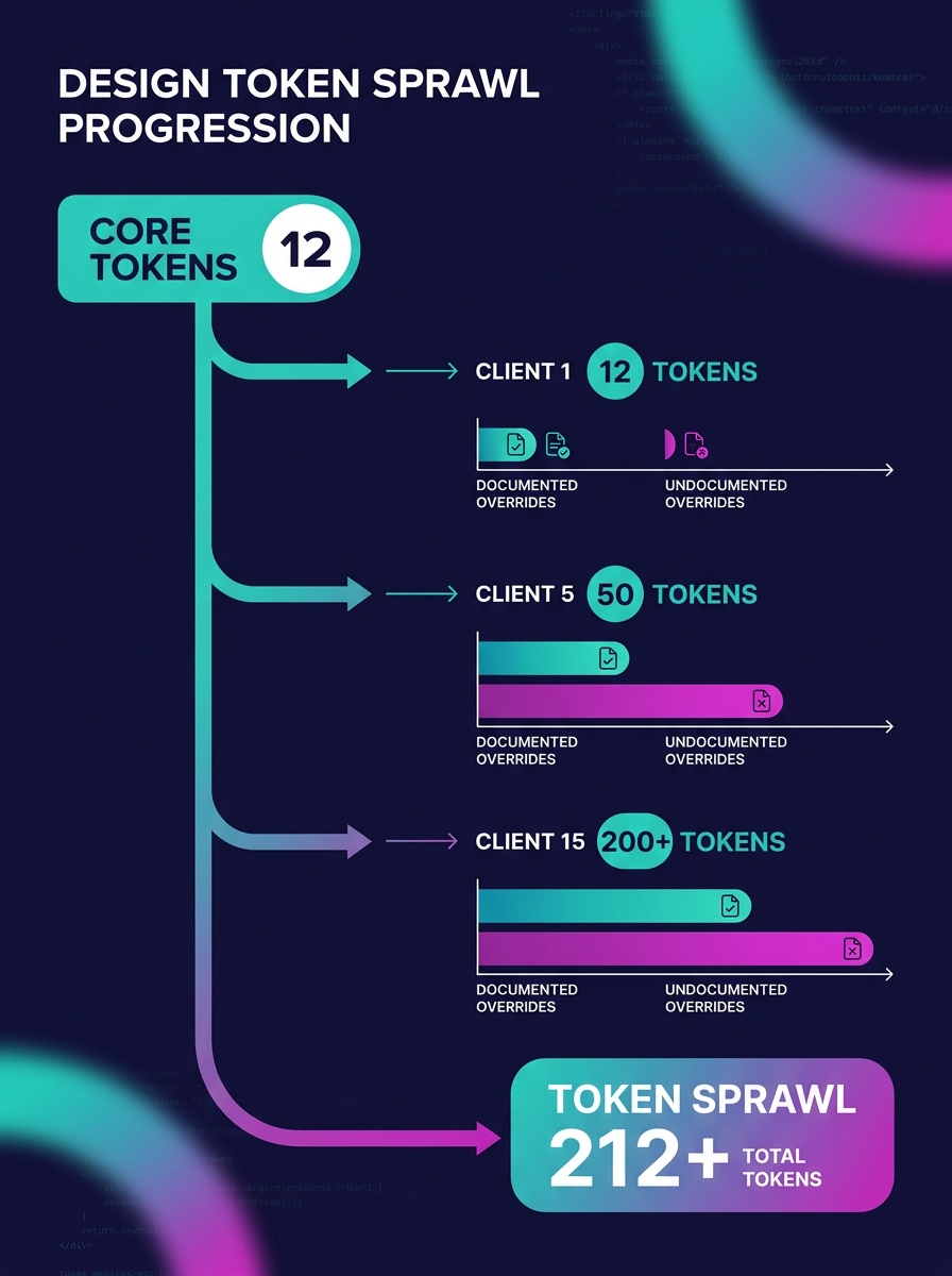 Infographic showing the progression of design token sprawl from 12 tokens at client 1 to 200-plus tokens by client 15, with branching lines representing client-specific overrides diverging from the co