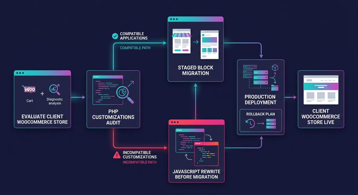 A decision flowchart for agencies showing the path from evaluating a client WooCommerce store, through an audit of existing PHP customizations, branching into compatible or incompatible paths, with th