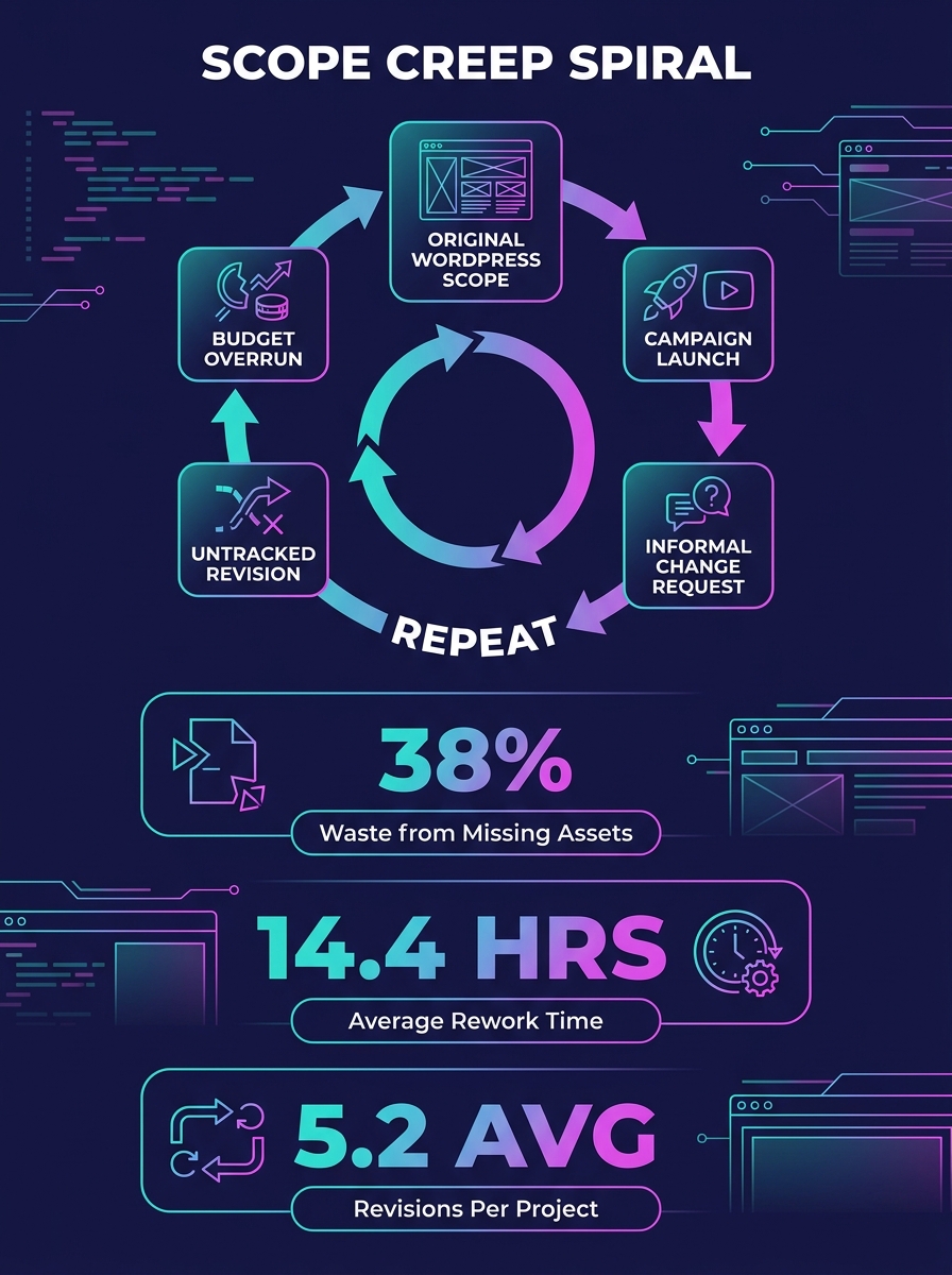 infographic showing the scope creep spiral - a circular diagram with stages: original WordPress scope, campaign launch, informal change request, untracked revision, budget overrun, repeat - with data 