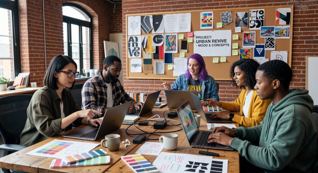 A diverse design team collaborating on laptops in an open studio with a large creative mood board behind them.