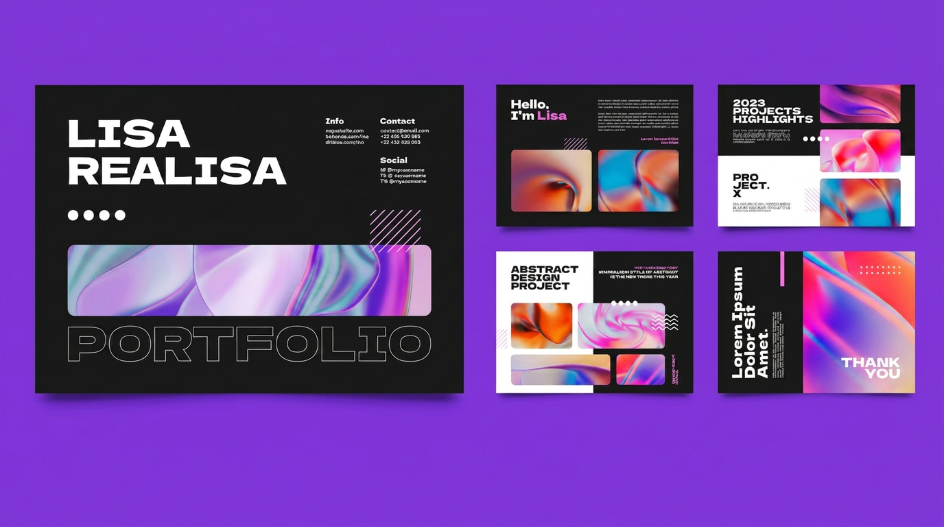 Colorful graphic design portfolio presentation template with bold typography and abstract holographic visuals