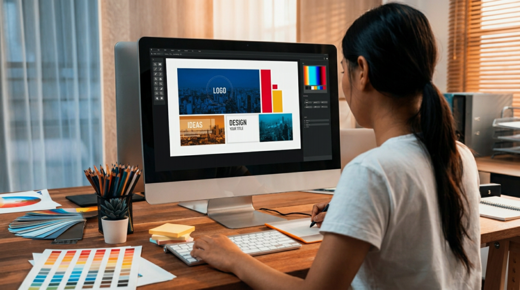 Graphic designer working on a branding layout in a design software on a desktop computer