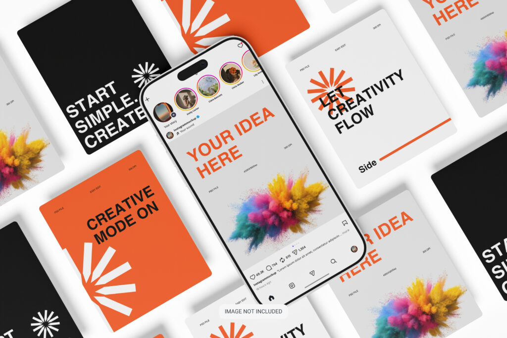 Smartphone mockup displaying an Instagram feed surrounded by orange and black creative social media posts.