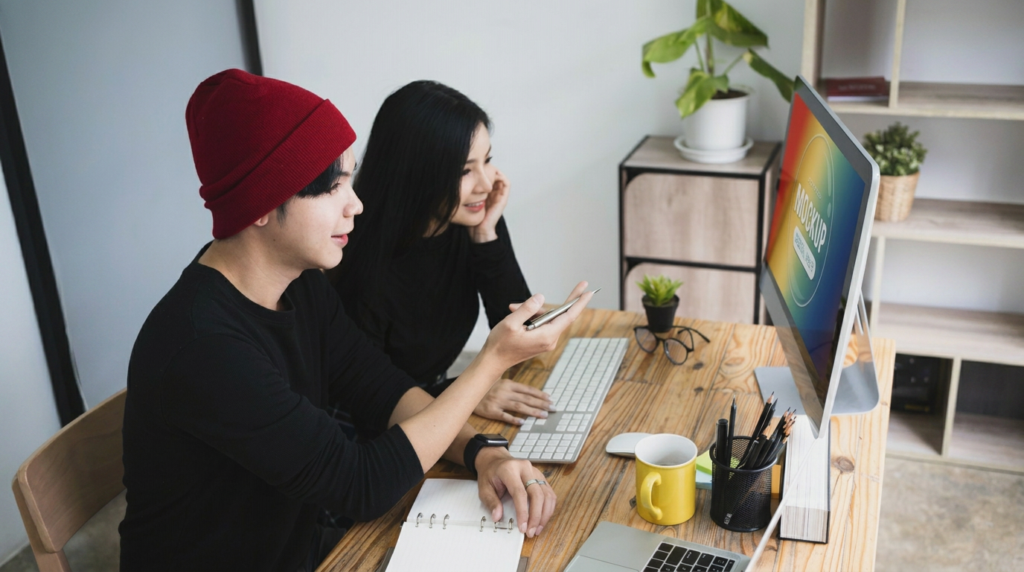Two creative designers collaborating at a desk, reviewing a colorful mockup on a desktop monitor