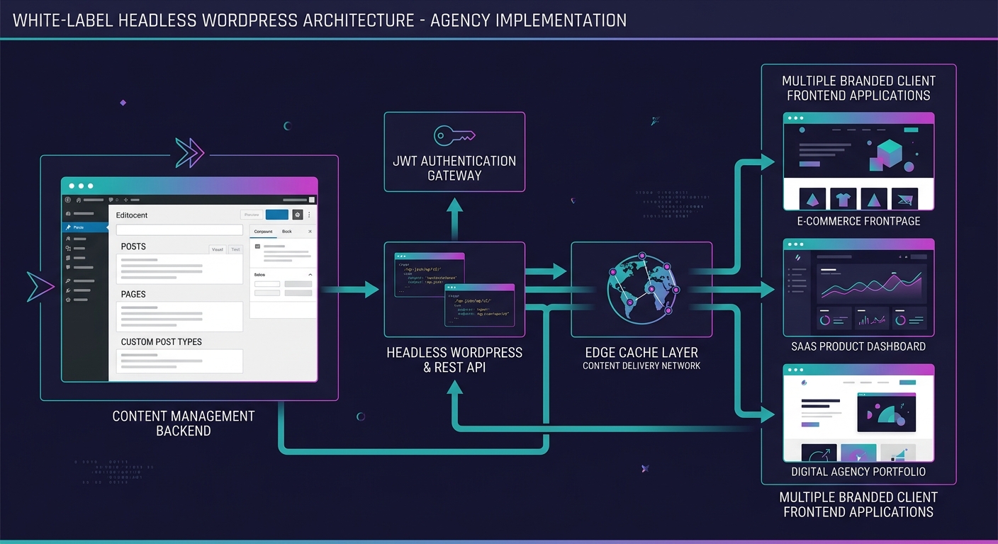 architectural diagram showing WordPress as a headless backend with REST API layer, edge cache in front, JWT authentication gates, and multiple branded client frontend applications connecting through t