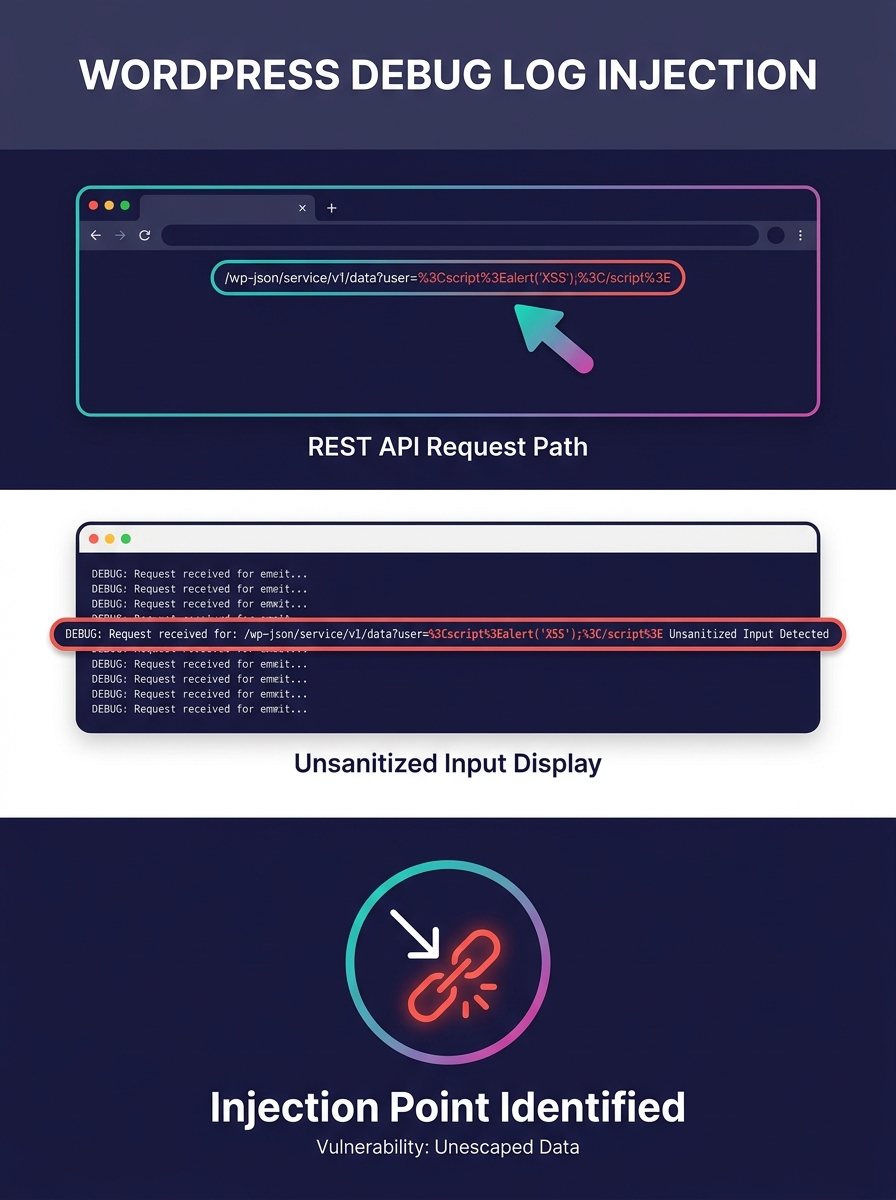 WordPress admin dashboard showing debug log interface with highlighted injection point where unsanitized REST API request paths are displayed without escaping
