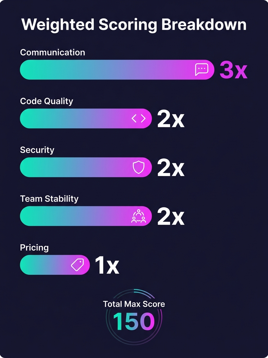 infographic showing a weighted scoring breakdown with communication at 3x, code quality at 2x, security at 2x, team stability at 2x, and pricing at 1x, with a maximum possible score of 150