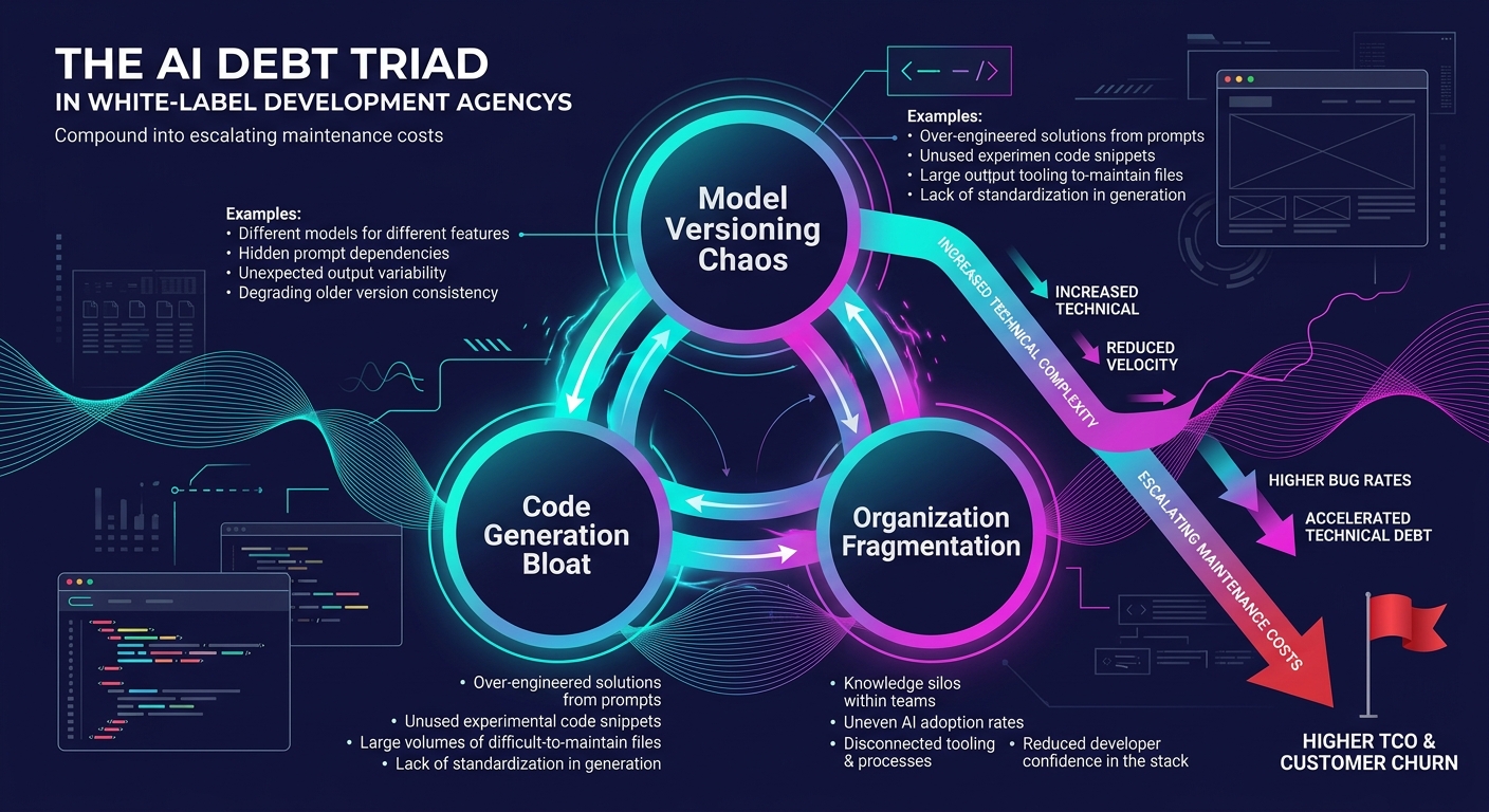 An infographic showing the AI Debt Triad as three interconnected circles labeled Model Versioning Chaos, Code Generation Bloat, and Organization Fragmentation, with specific examples listed beneath ea