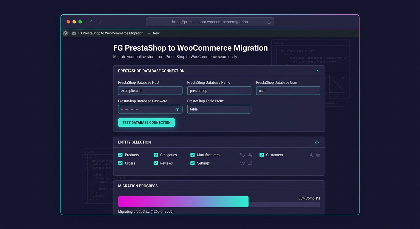 Screenshot-style illustration showing a WordPress admin dashboard with the FG PrestaShop to WooCommerce plugin settings, depicting database connection fields, entity selection checkboxes, and a migrat