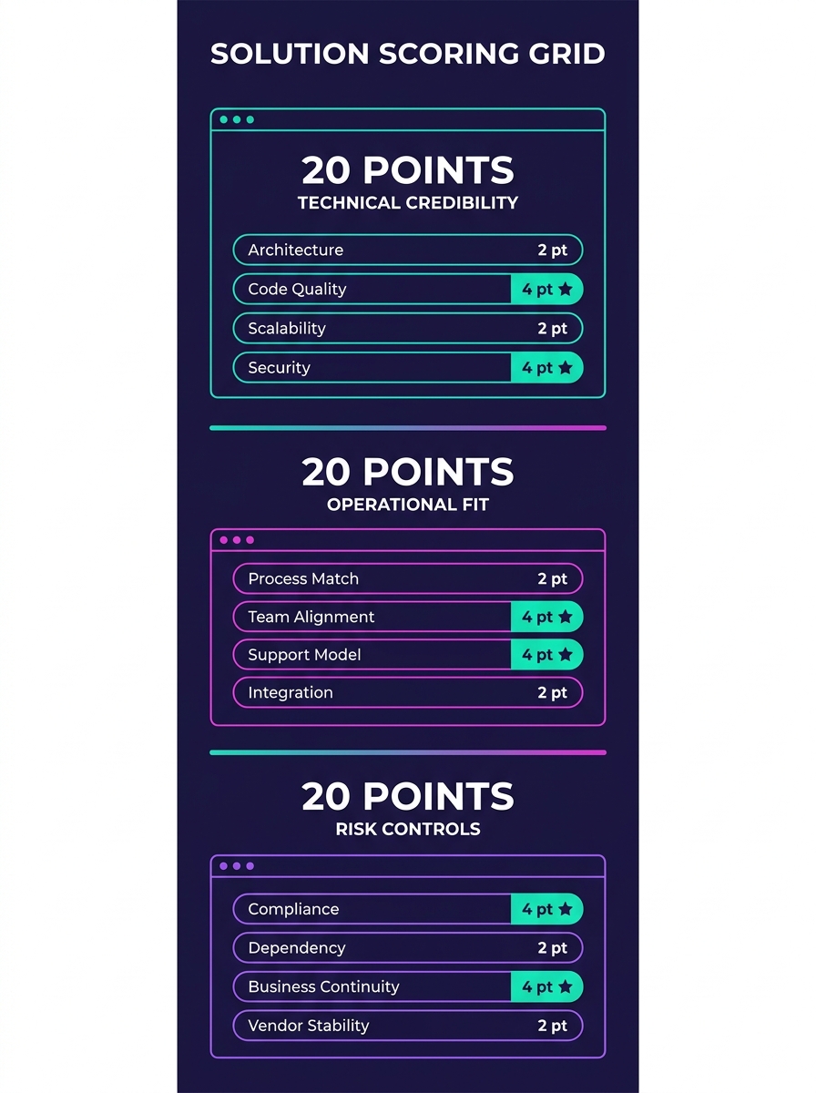 Infographic showing a scoring grid with three category columns (Technical Credibility, Operational Fit, Risk Controls), each containing four criteria rows with weight indicators showing double-point i
