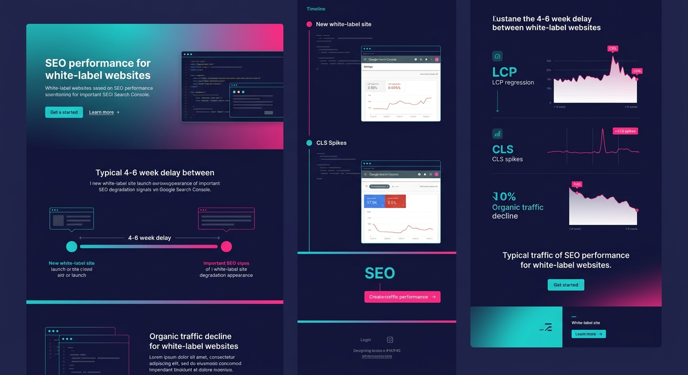 A timeline visualization showing the typical 4-6 week delay between a white-label site launch and the appearance of SEO degradation signals in Google Search Console, with data points for LCP regressio