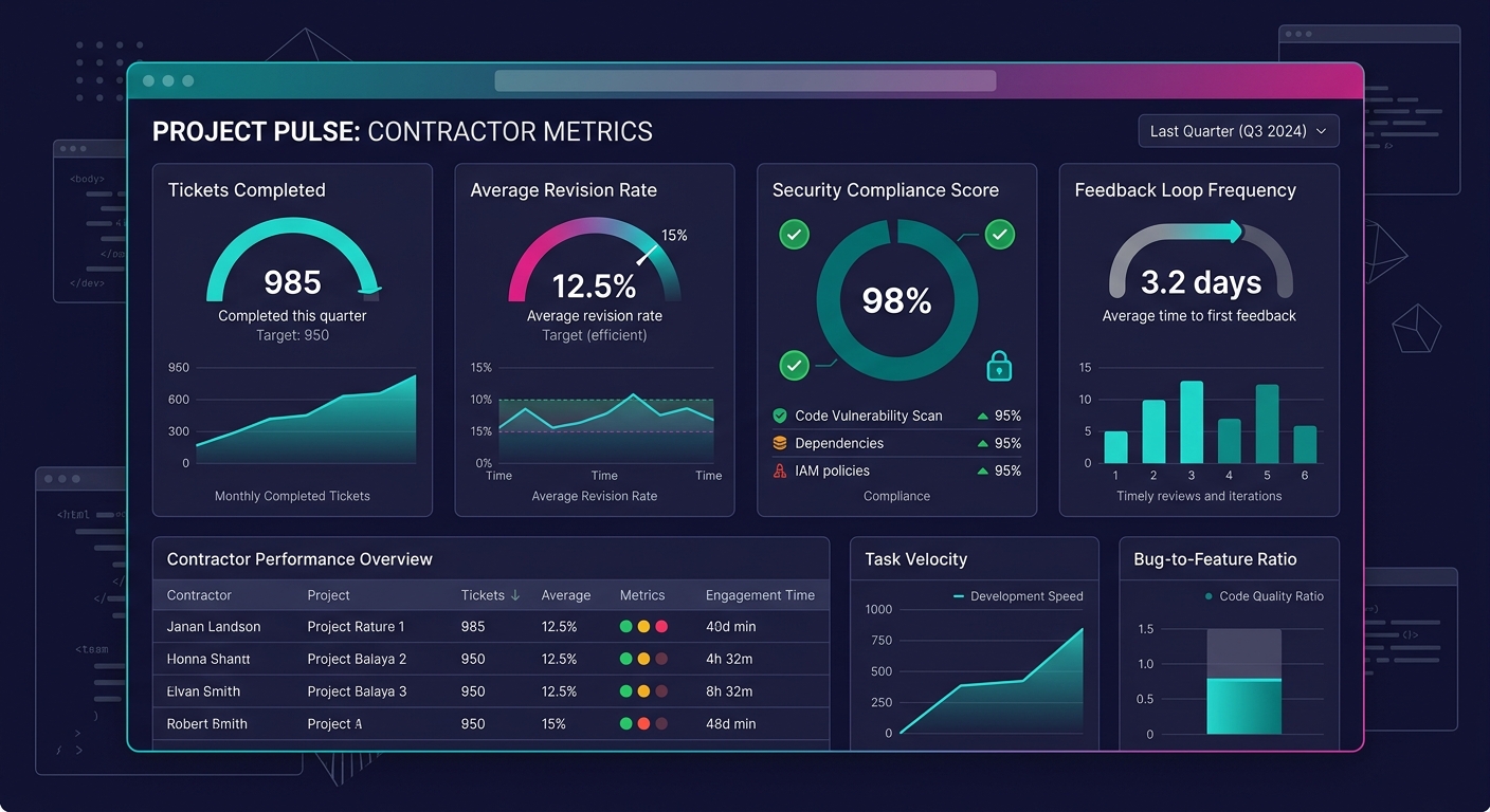 a dashboard-style visualization showing contractor management metrics including tickets completed, average revision rate, security compliance score, and feedback loop frequency, arranged in a clean mo