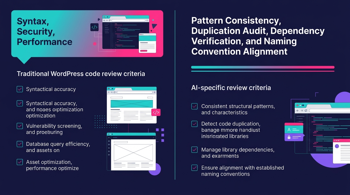 A checklist-style diagram showing traditional WordPress code review criteria on the left side labeled syntax, security, performance alongside AI-specific review criteria on the right side labeled patt