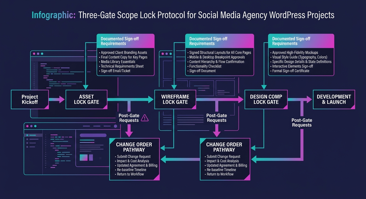 a flowchart showing the three-gate scope lock protocol for social media agency WordPress projects - Asset Lock gate, Wireframe Lock gate, and Design Comp Lock gate, each with documented sign-off requi
