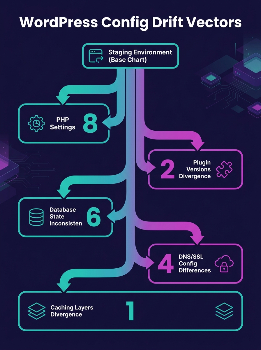 Infographic showing environment configuration drift vectors for a white-label WordPress site, with branching paths from a single staging environment showing PHP settings, plugin versions, database sta