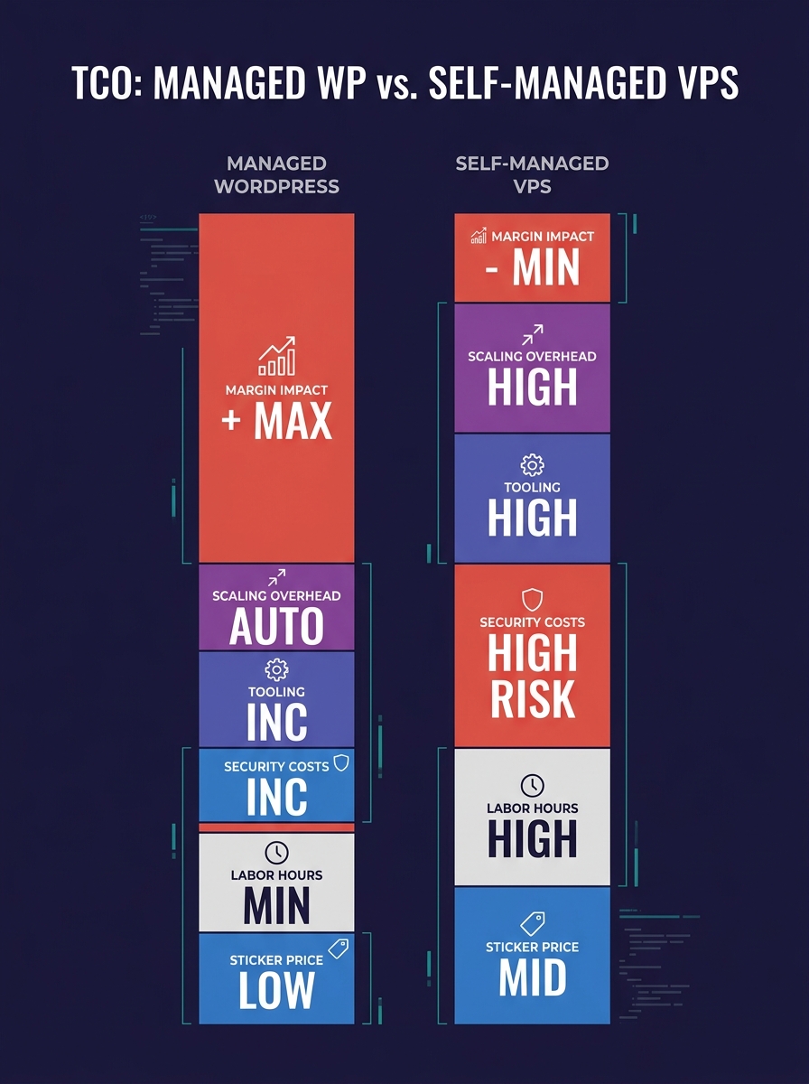 infographic comparing the six TCO cost layers of managed WordPress hosting versus self-managed VPS, showing sticker price, labor hours, security costs, tooling, scaling overhead, and margin impact as 
