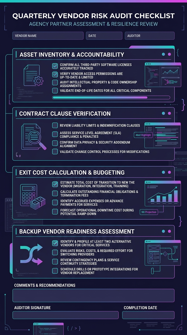 a quarterly vendor risk audit checklist template designed as a one-page document with four sections, each containing checkbox items for asset inventory, contract clause verification, exit cost calcula