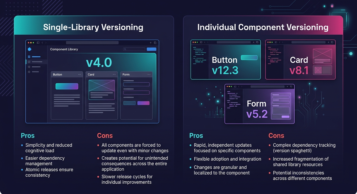 Diagram comparing single-library versioning showing one version number v4.0 applied to an entire component set versus individual component versioning showing separate version numbers for Button v12.3,