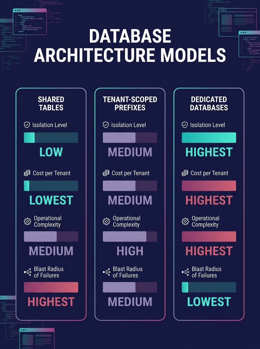 infographic comparing three database architecture models side by side — shared tables, tenant-scoped prefixes, and dedicated databases — showing isolation level, cost per tenant, operational complexit
