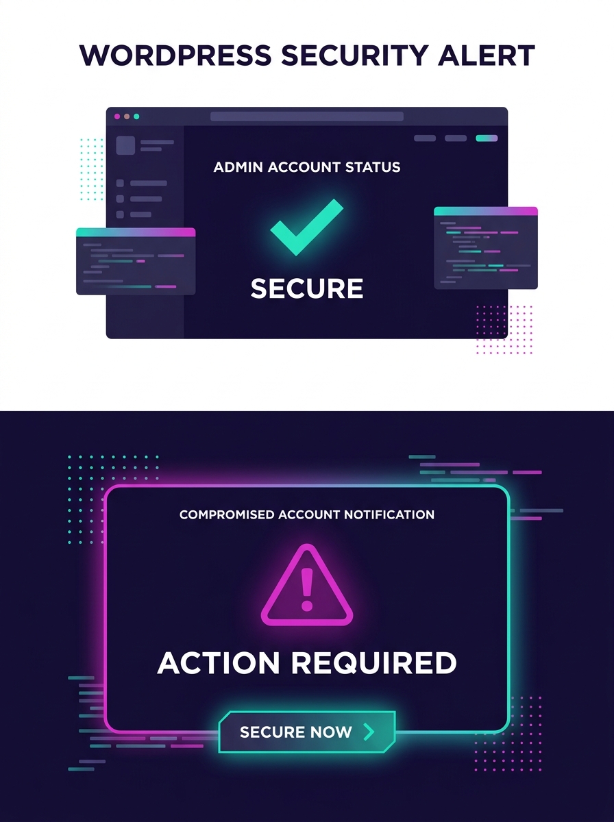WordPress admin dashboard with security warning overlay showing compromised admin account notification