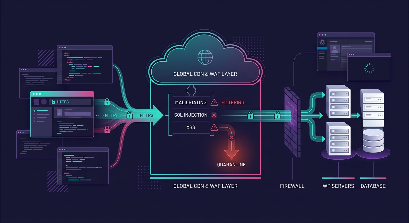 illustration of a cloud-based WAF architecture showing malicious traffic being filtered before reaching WordPress servers, with SSL encryption between browser and CDN layer