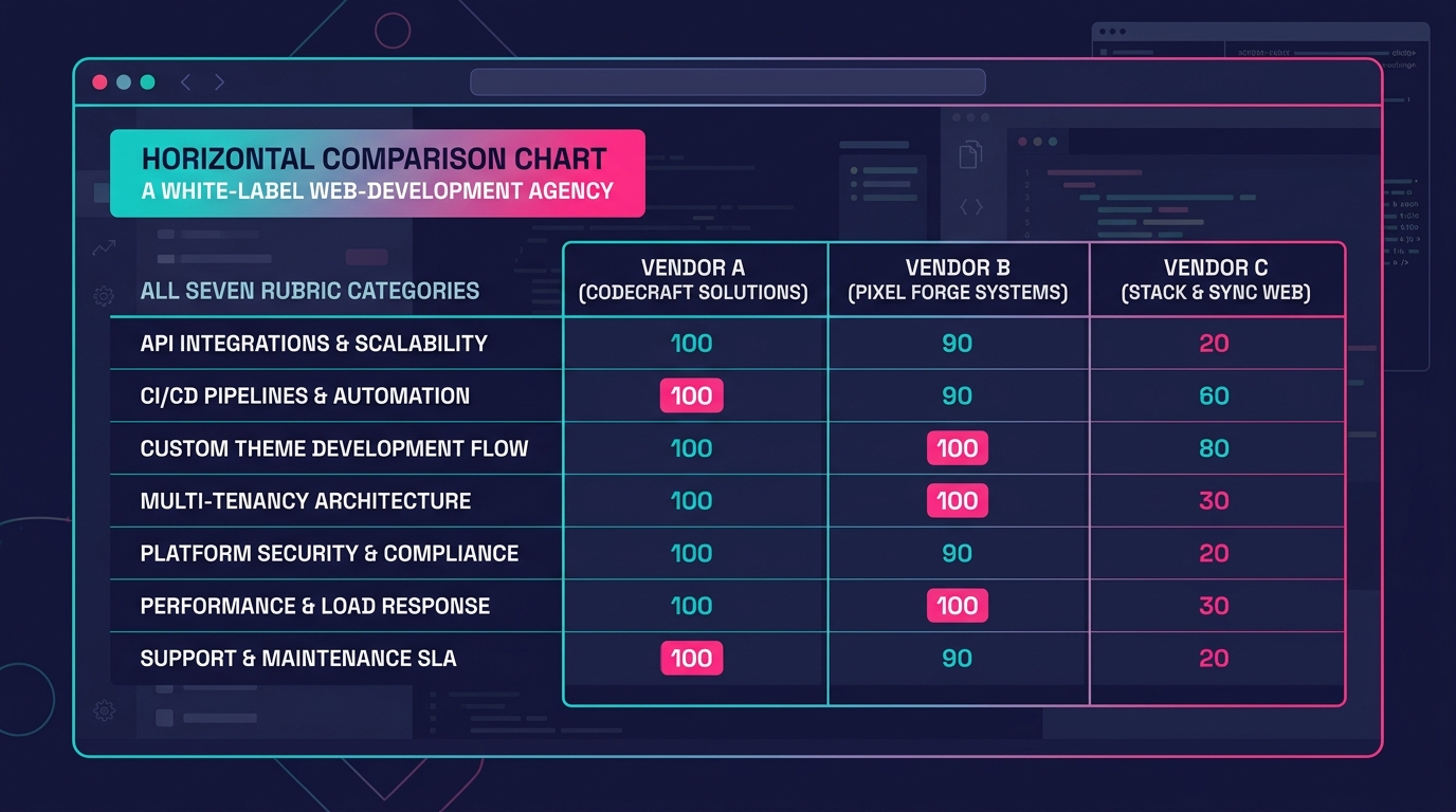 a horizontal comparison chart showing three hypothetical vendor scores across all seven rubric categories, with color coding to highlight where each vendor falls short of the 100-point minimum thresho