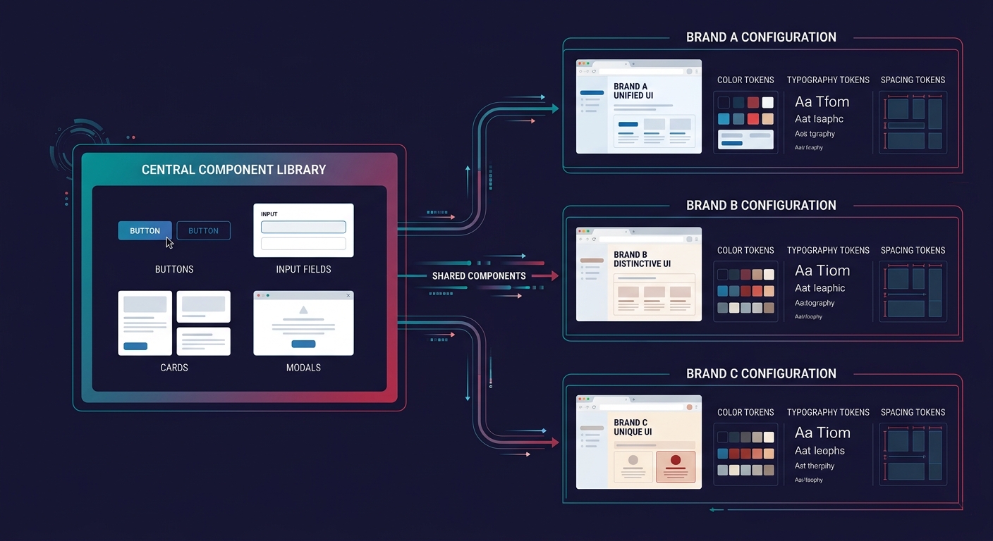 diagram showing token architecture with a central component library feeding into three separate brand configuration layers, each containing color tokens, typography tokens, and spacing tokens that cus