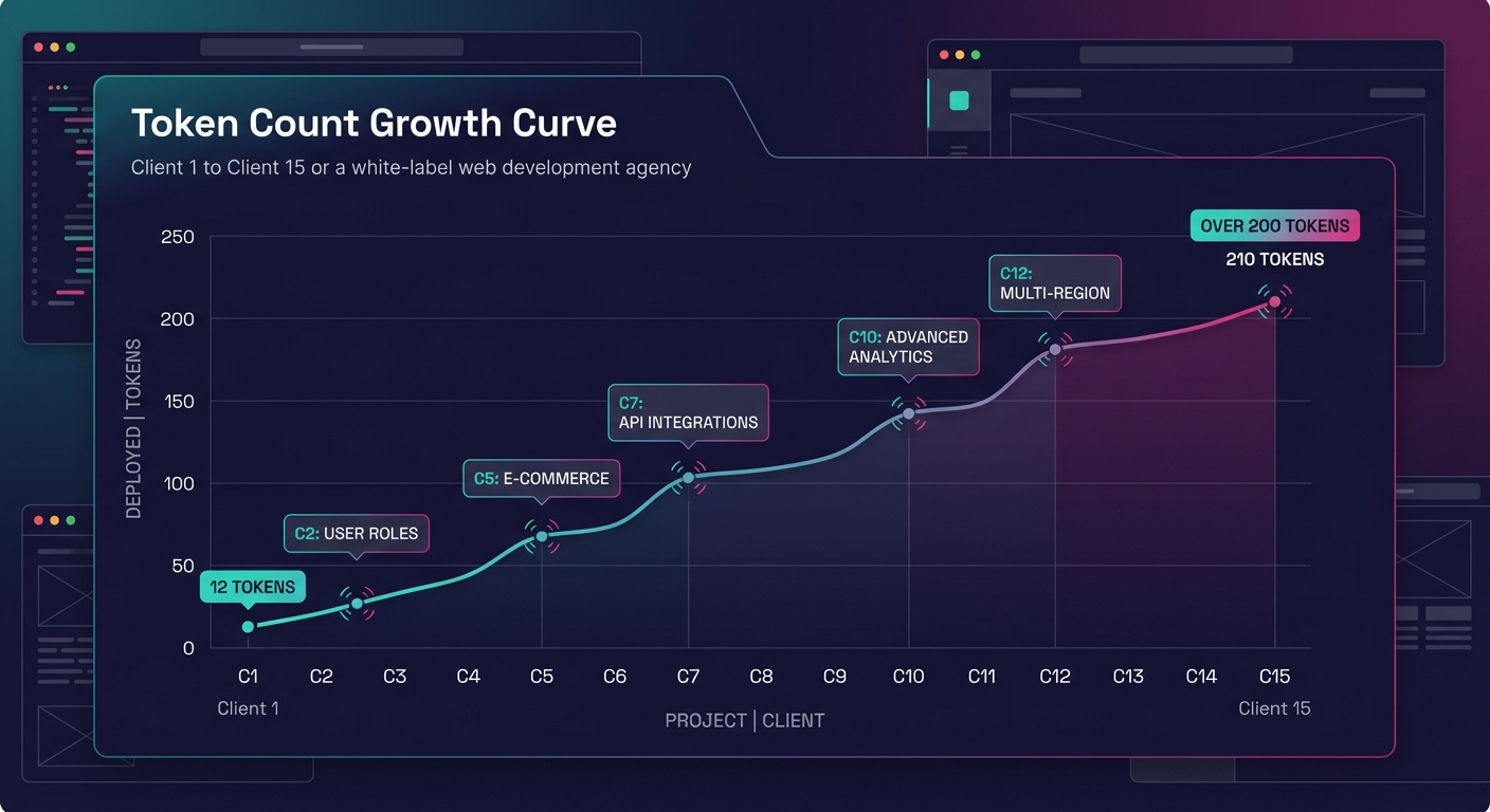 a visual showing token count growth curve from 12 tokens at client 1 to over 200 tokens by client 15, with labeled inflection points where scope creep introduces new token categories
