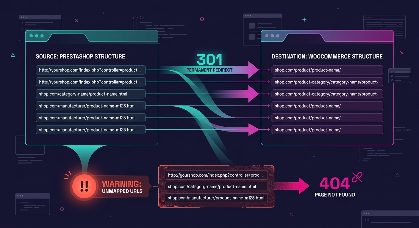Diagram showing URL structure transformation from PrestaShop format to WooCommerce format, with 301 redirect arrows connecting old URLs to new URLs and a warning indicator for unmapped URLs that would