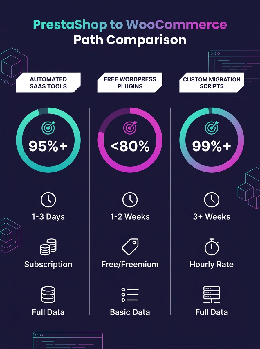Infographic comparing three PrestaShop to WooCommerce migration paths side by side, showing accuracy percentages, timelines, cost models, and supported data types for automated SaaS tools, free WordPr