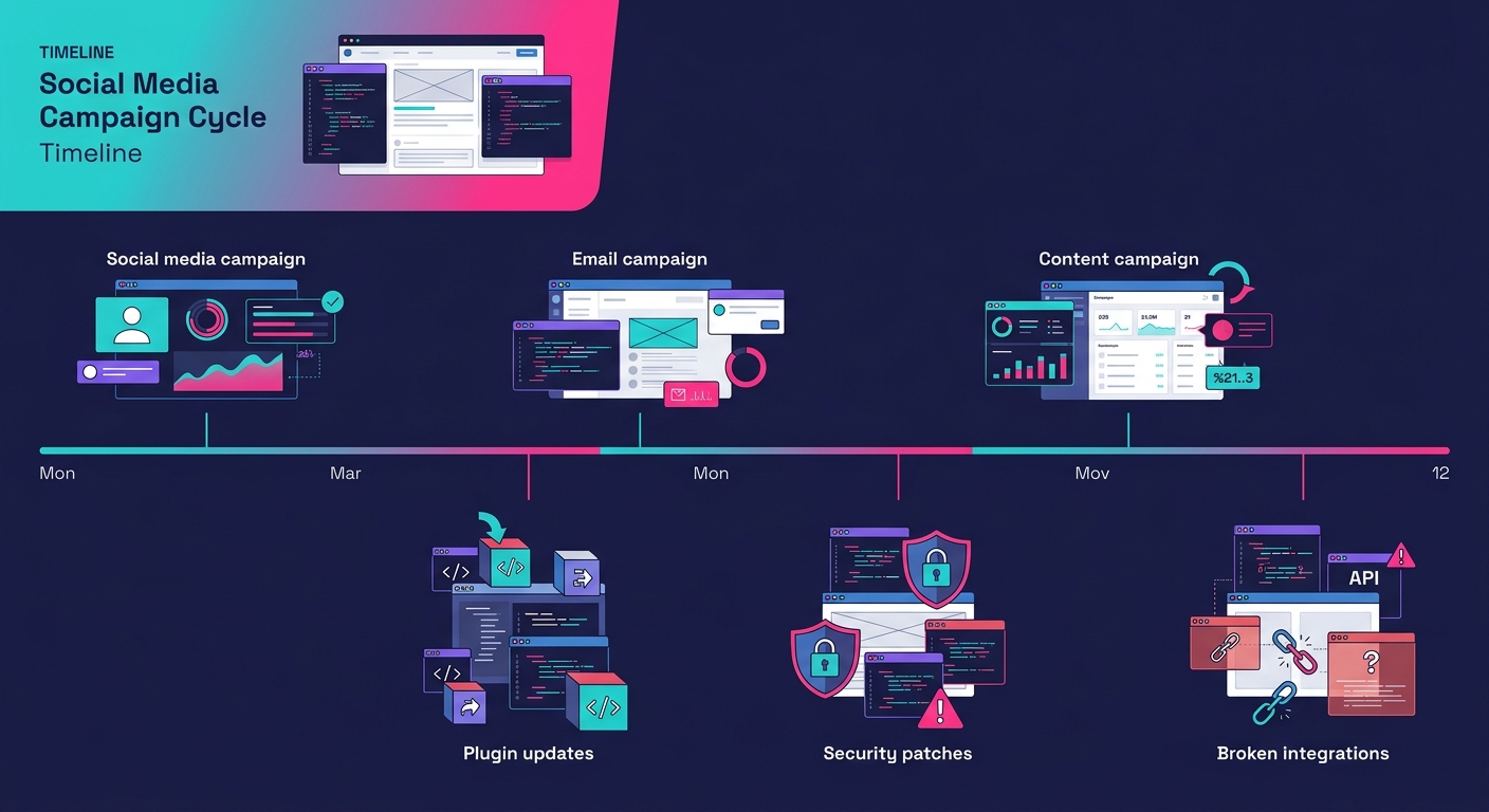 timeline illustration showing a social media campaign cycle across 12 months with gaps between campaigns where WordPress site maintenance tasks pile up, including plugin updates, security patches, and