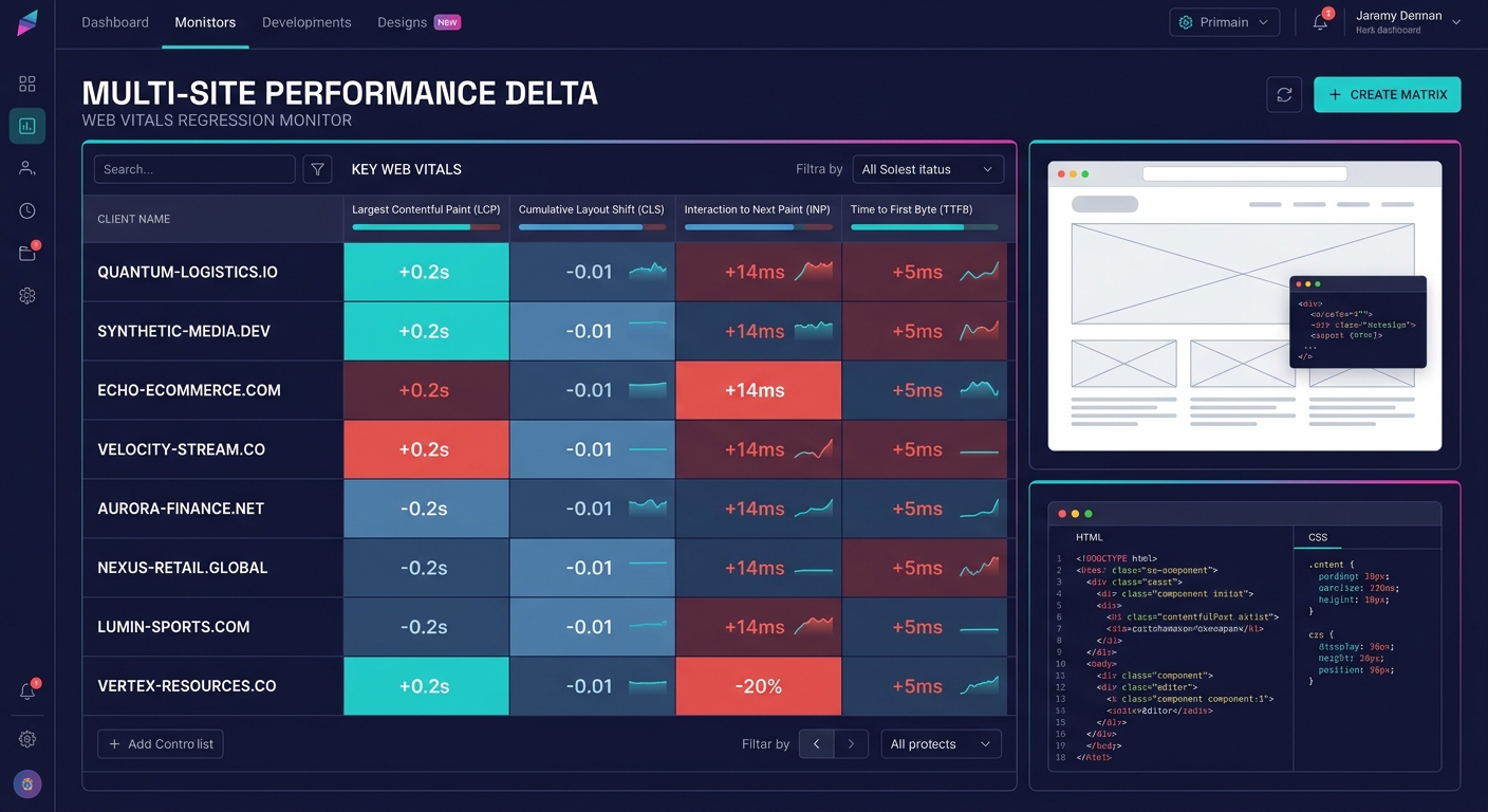 Dashboard mockup showing a multi-site performance delta matrix with color-coded regression indicators across 8 client sites, with columns for LCP, CLS, INP, and TTFB, and rows for different client dom