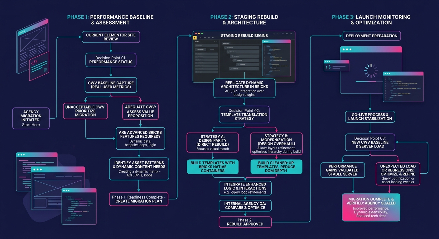 Flowchart showing a three-phase migration decision tree for agencies moving from Elementor Pro to Bricks Builder, with decision points for CWV baseline, staging rebuild, and launch monitoring