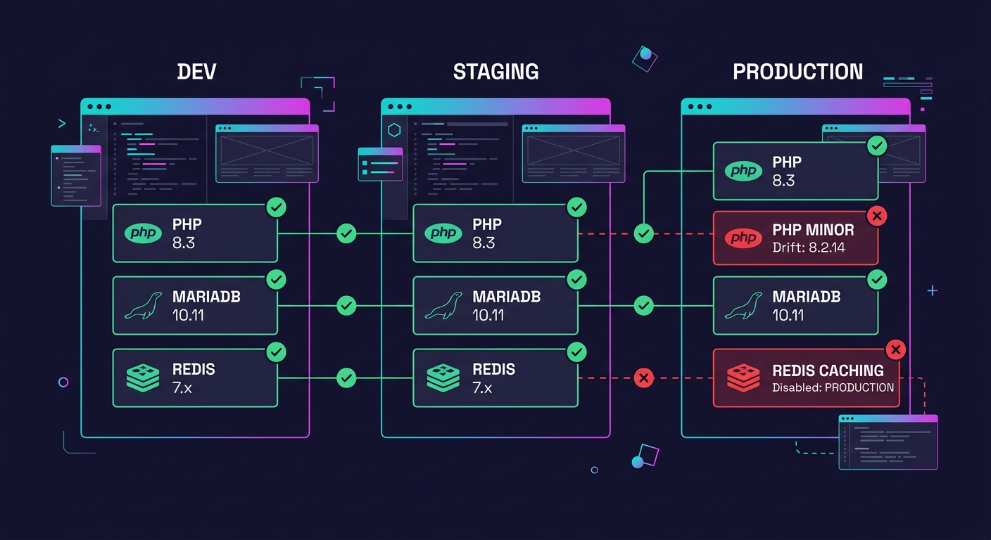 side-by-side comparison diagram of three server stacks labeled development, staging, and production, showing matched PHP 8.3, MariaDB 10.11, and Redis 7.x versions with green checkmarks for parity and