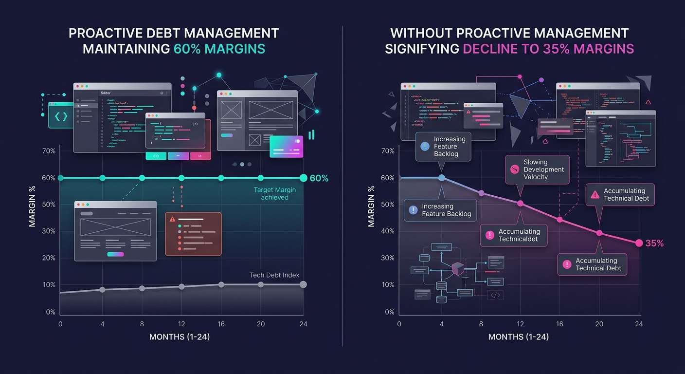 side-by-side comparison diagram showing two agency margin trajectories over 24 months—one with proactive debt management maintaining 60% margins, one without showing decline to 35%
