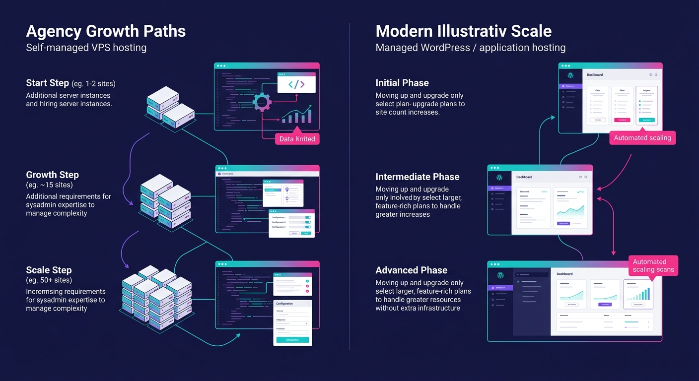 illustration of two agency growth paths side by side, one showing a VPS setup requiring incremental server additions and sysadmin hiring at each stage, the other showing a managed host with simple pla