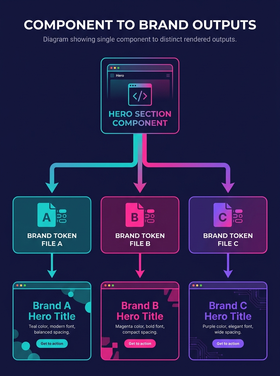 diagram showing a single component block labeled hero section connecting via arrows to three different brand token files, each producing a visually distinct rendered output with different colors, font