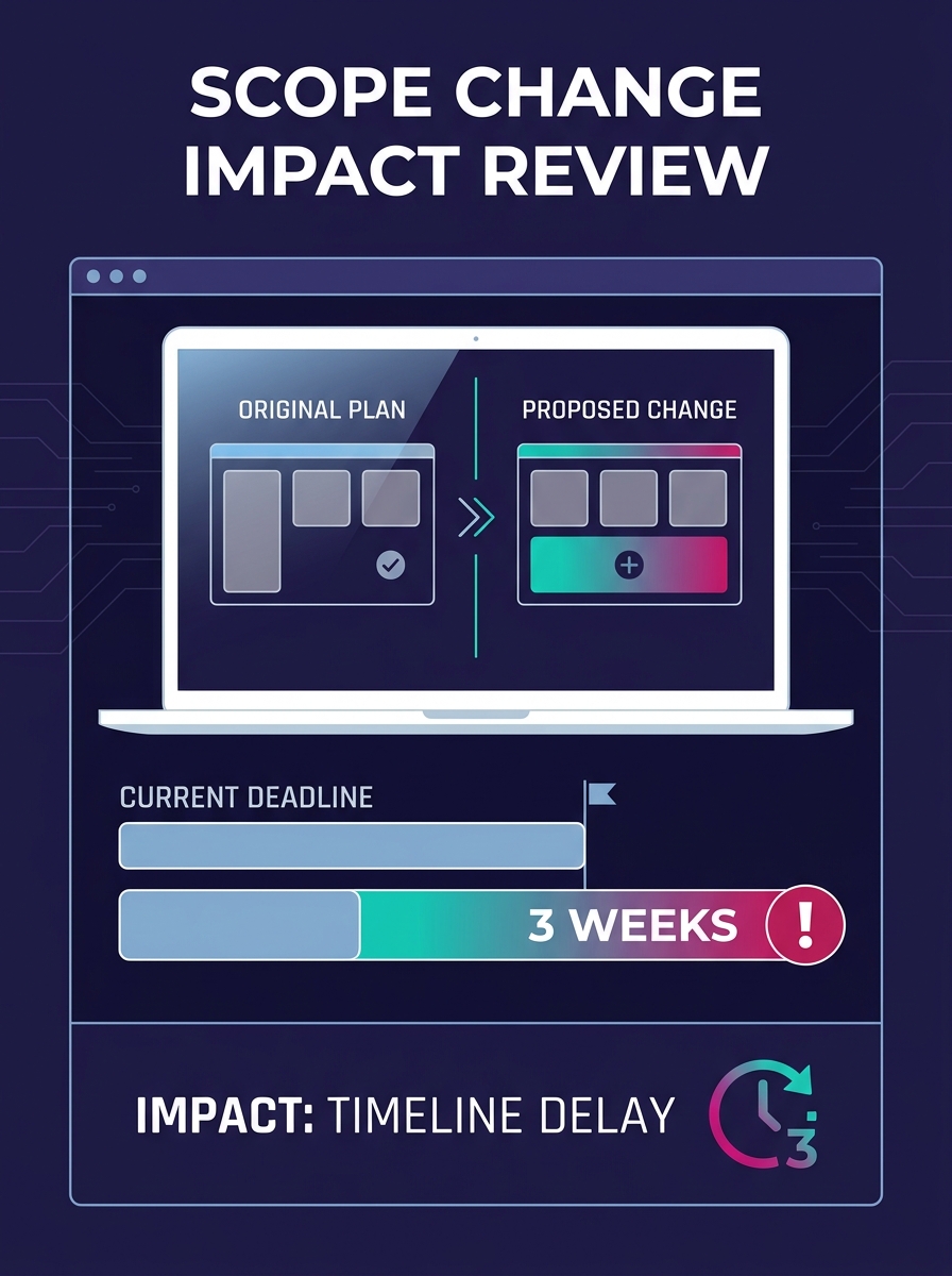 Project manager reviewing scope change request document with timeline impact visualization on laptop screen
