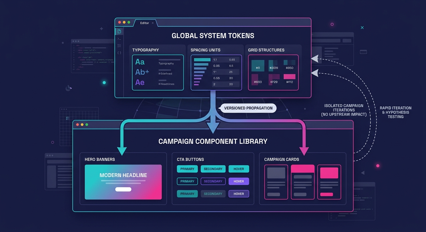 Diagram showing a two-tier versioning architecture with system-level tokens for typography, spacing, and grid on one layer and component-level campaign elements for hero sections, CTA buttons, and cam