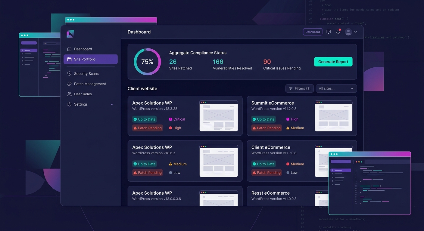 Agency operations dashboard showing WordPress site patch status across client portfolio with vulnerability severity indicators