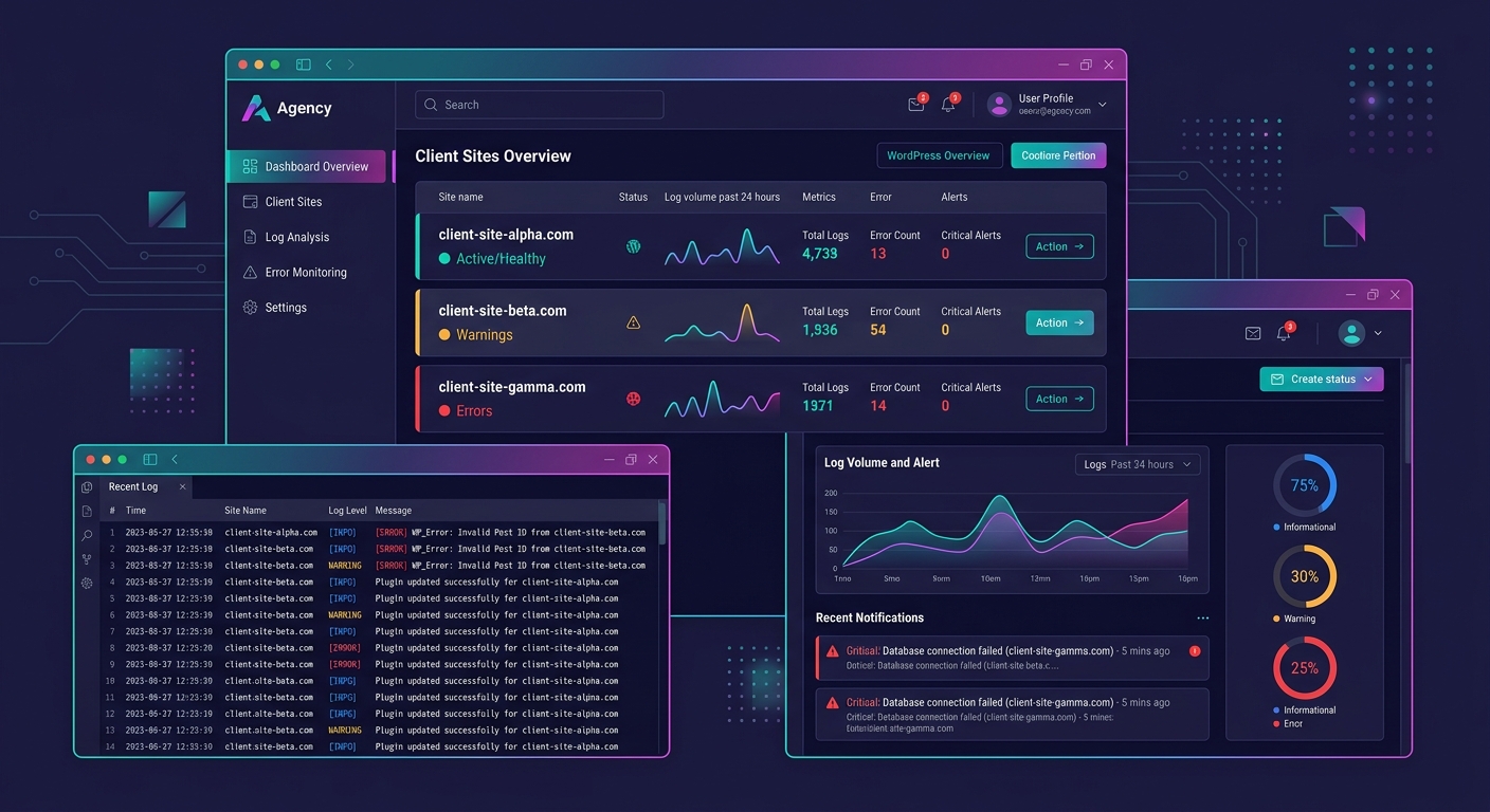 screenshot-style illustration of a centralized logging dashboard showing multiple WordPress client sites with color-coded status indicators, log volume graphs, and alert notifications for production e